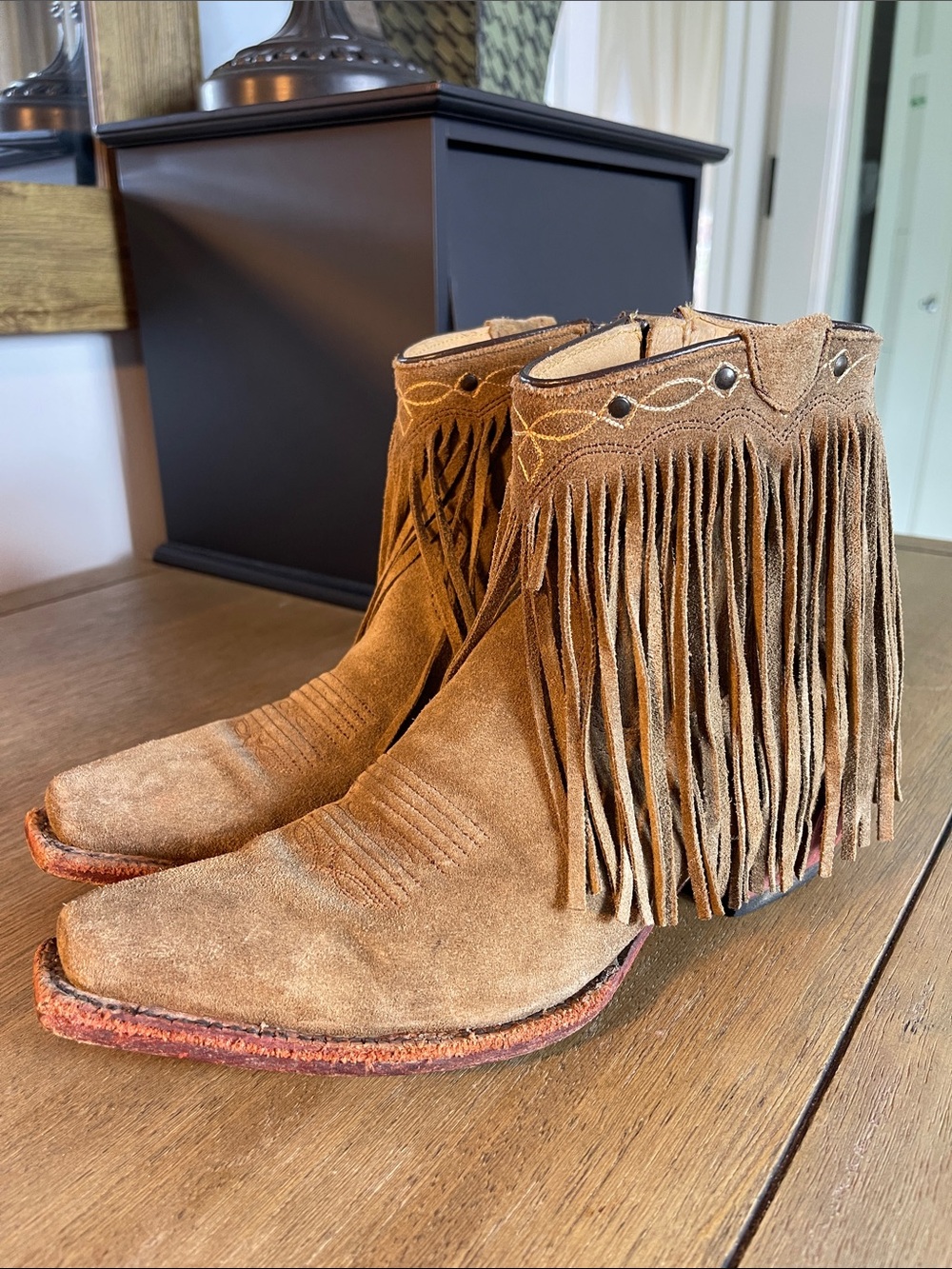 J.B. Dillon Tan Suede Fringe Western Ankle Boots
